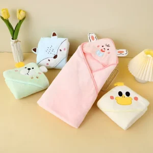 Children’s Hooded Towel Soft Absorbent Polyester Bathing Towel Velvet Coral Fleece for Baby’s Bathroom