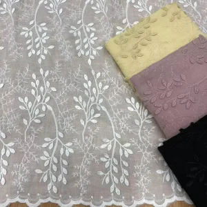 China Supplier Customized 100% Cotton Soft Floral White 3D Leaves Schiffli Embroidery Fabric for Women Garment
