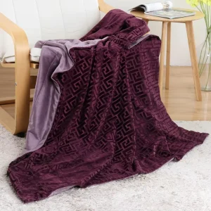 Chinese Fret Patterns Burnt Flannel Fleece Fashion Design Soft Warm Luxury Dark Purple Throw Blanket Raschel Blanket
