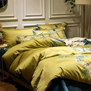 Chinese Garden Style Flowers Birds Print 100% Cotton Soft Duvet Cover Set Reversible Design Peacock Blue 3 Piece Bedding Set