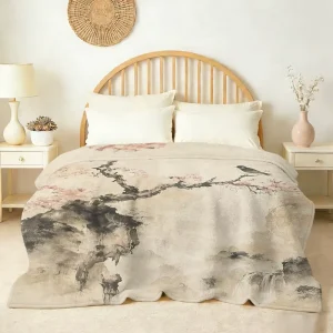 Chinese Ink Watercolour Mountain Landscape Flannel Throw Blanket Asian Zen Oriental Decor Soft Cozy Warm Sofa and Bed Covers