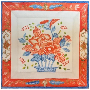 Chinoiserie Floral Mahjong Table Mat Orange Red Peony Blue Porcelain Print Non Slip Rubber Rubber American Mahjong Pad 31.5 Inch