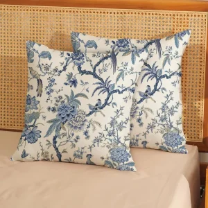 Chinoiserie Patchwork Bird Linen Pillow Covers Art Deco Zipper Closure Fade-Resistant Outdoor Cushion