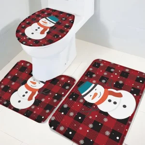 Christmas 3Pcs Flannel Toilet Mat Set Non Slip Soft Contour Rug Snowman Anti Fatigue Decor