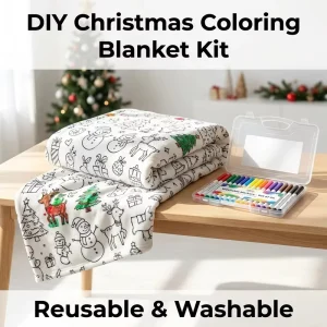 Christmas DIY Coloring Blanket Set with Markers Washable Reusable Xmas Art Graffiti Throw Blanket for Kids Gifts Family Fun