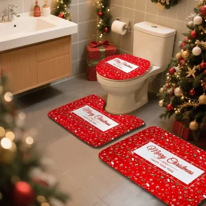 Christmas Decorations 3 Piece Microfiber Bath Rug Set Non Slip Extra Absorbent Soft Polyester Bathroom Rugs and Toilet Mats