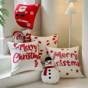 Christmas Embroidered Tufted Throw Pillow Cover Candy-cane Santa Hat Pillow Cover Christmas Party Decorations