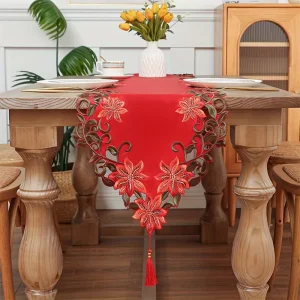 Christmas Events Tassel Table Runner Rectangular Red Embroidered Cutwork Table Mats for Dining Small Kitchen Parties