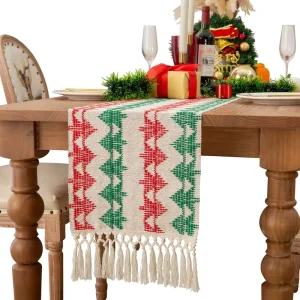 Christmas Festival Knot Striped Disposable 100% Polyester Modern Woven Table Runner Tassel Long Table Runners for Christmas Tree