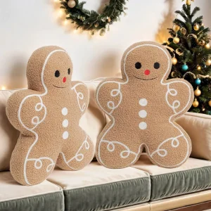 Christmas Gingerbread Man Plush Pillow Sherpa Fleece Soft Throw Cushion 3D Gingerbread Man Shaped Pillow for Sofa Bed Home Decor