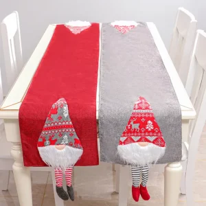 Christmas Gnome Linen Felt Red Table Runner 33x180cm