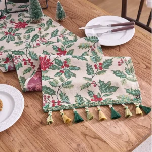 Christmas Holly Leaf Cat Thorn Jacquard Table Runner with Tassels Festive Tea Runner for Holiday Dining