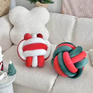 Christmas Knot Ball Pillow Red Green White Hand Woven Throw Pillow Soft Sherpa Fleece Decorative Cushion for Holiday Home Decor