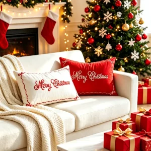 Christmas Rectangular Velvet Embroidered Throw Pillow Cover with Zipper Closure Modern Minimalist Style
