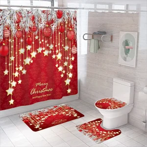 Christmas Shower Curtain Set Festive Red Bathroom Floor Mat for New Year Shower Curtain Set of Four Pieces
