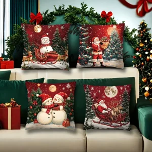 Christmas Square Polyester Pillow Covers Santa Snowman Reindeer Print American Style Customizable Throw Pillow Cases