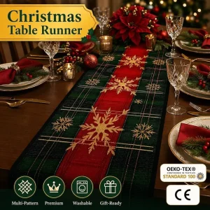 Christmas Table Runner Holiday Decor Festive Plaid Poinsettia Woven Fabric Dining Room Party Factory