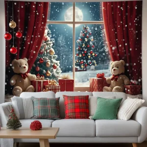 Christmas Tapestry Fairy Lights Christmas Tree Snowy Window Scene Red Curtains Christmas Event Backdrop Background Cloth