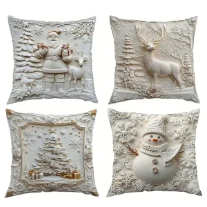 Christmas Themed Cushion Cover White Relief Christmas Throw Pillow Cover Soft Comfy Xmas Santa Claus Tree Pillow Cases