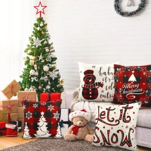 Christmas Throw Pillow Covers 45x45cm Set 4 Soft Flannel Fabric White Custom Print Animal Washable Hotel Square Winter Decor