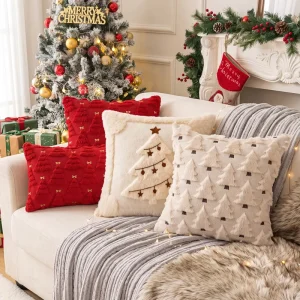 Christmas Throw Pillow Covers Soft Knit Plush Tufted Embossed Santa Tree Elk Square Decor Cushion Covers for Sofa Bedroom