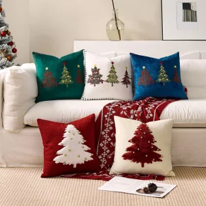 Christmas Tree Cushion Cover Embroidered Throw Pillow for Living Room Holiday Decoration Cute Festive Home Decor Gift