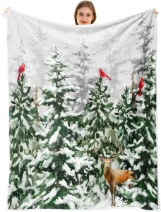 Christmas Warm Soft Cozy Fluffy Fleece Throw Blanket Winter Snowflake Pine Tree Forest Cardinal Deer Lightweight All Season