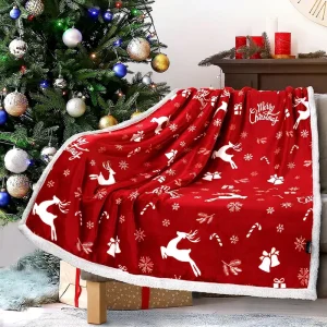 Christmas Winter Flannel Sherpa Fleece Thickened Double Layer Blanket with Lamb Velvet