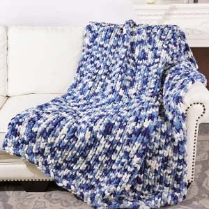 Chunky Knit Blanket Chenille Throw Warm Blue White for Sofa Bed Boho Home Decor Beautiful Home Bed Blanket Gift