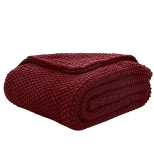 Chunky Knit Throw Blanket Sofa Soft Cozy Machine Washable Reversible 100% Cotton Heavyweight 1.8kg 152x203cm Wine Red