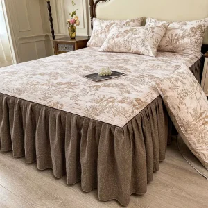 Class All Cotton Crinkle Fabric Bed Skirt Three Piece Set Printed Floral Non Slip Lace Trim Pure Cotton Dormitory Bed Cover