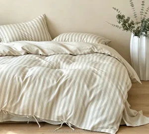 Classic 100% French Linen Bedding Sets Flax Stone Washed Striped Duvet Cover Set with Ties Closure