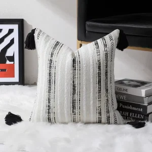 Classic Black and White Stripe Soft Sofa Cushion Cover Nordic Style Chenille Jacquard Throw Pillow With Tassel