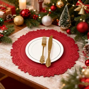 Classic Christmas Faux Leather 15 Inch Placemats Set 6 Waterproof Wipeable Heat Resistant Eco Friendly Dining Table Kitchen