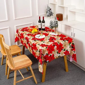 Classic Decorative Polyester Table Cover for Snowflake Red Flower Reusable Printed Table Cloth