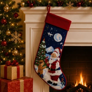 Classic Santa Needlepoint Christmas Stocking with Starry Night for Handstitched Seasonal Festive Holiday Tree Hanging