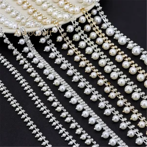 Clothes Accessory Pearl and Rhinestone Lace Chain Diy Costume Dress Jewelry Ornament Decorative Sewing Textile Pearl String Trim