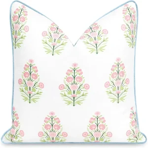 Coastal Patio Indoor Outdoor Throw Pillow Cover 18×18 Water Repellent Polyester Zipper Closure Floral Piping