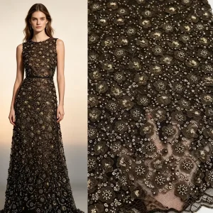 Coffee Brown 3D Floral Rhinestone Beaded Tulle Lace Fabric For Wedding Evening Bridesmaid Gown
