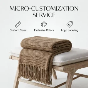 Coffee Brown Rabbit Fur Plushie Jacquard Tassel Anti-Bacteria Throw Blanket for Sofa with Chunky Soft Textured Weave Boho Decor