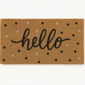 Coir Doormat Rubber-Backed Rectangle Entrance Mat ‘Hello’ Script Non-Slip Decorative Durable Home Doors
