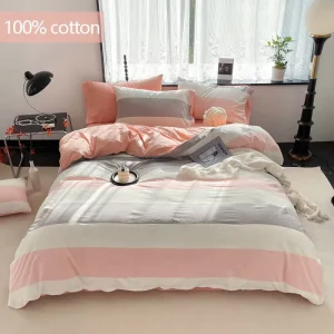 Color Woven Striped Pink Gray White Bed Sheet Four Piece Set Home Washed Cotton 4pcs Bedding Set