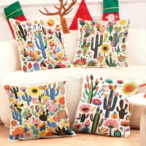 Colorful Cactus and Flowers Patterned Throw Pillows Decorate Cozy Living Room Sofa