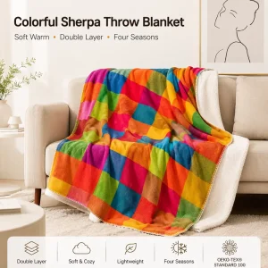 Colorful Checkered Sherpa Throw Blanket Double Sided Thick Warm Fleece Sofa Bed Travel Blanket Custom Logo