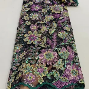 Colorful Ethnic Flower Sequins Fluorescent 100% Polyester Mesh Fabric Embroidery for African Wedding Dress