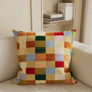Colorful Grid Velvet Throw Pillow Cover Soft Modern Square Cushion Case Decorative Geometric Pillow Cover for Bed