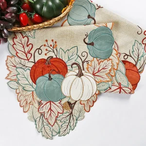Colorful Harvest Pumpkin and Leaves Embroidered Fall Flower Table Runner