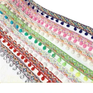 Colorful Jacquard Ribbon Colored Fringe Pom Pom DIY Ethnic Style Clothing Accessories Lace Trim