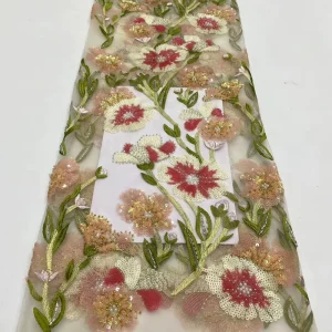Colorful Plant Embroidery 4 Beads Large Small Sequins Stretch Wedding Dobby Lace Fabric Women’s Dress