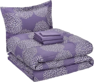 Comfortable and Breathable King Purple Floral Light Weight Microfiber Duvet Bedding Set with Zipper Closure